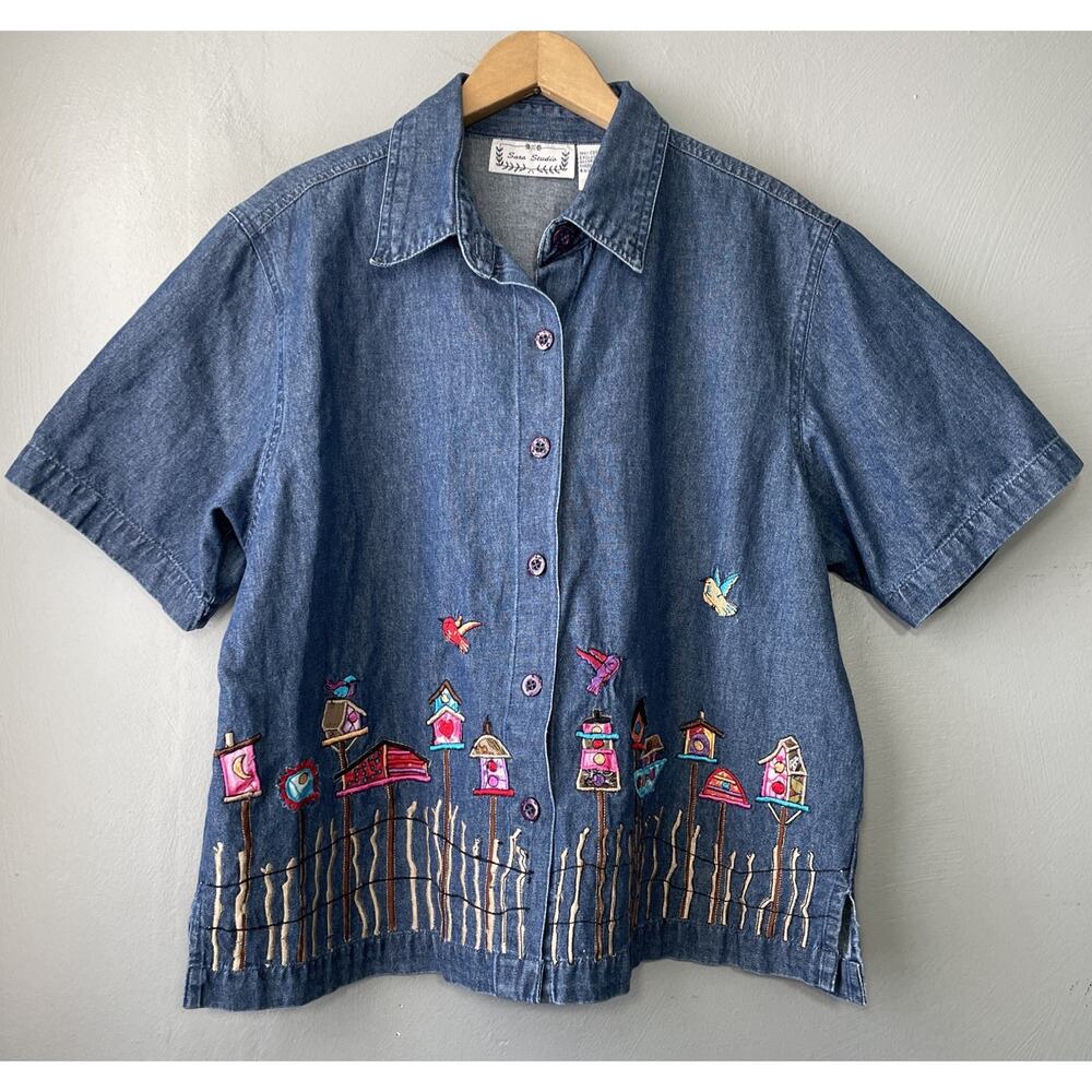 Sarah Studio Denim Button Up Shirt Size XL Embroidered Blue Birdhouse Garden